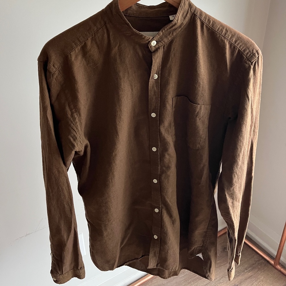 Brown Collarless L/S Button Down - Sz 15 - SMALL